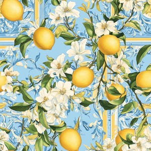 Puede incluir: Un patrón repetitivo con limones de color amarillo brillante y flores blancas con hojas verdes sobre un fondo azul claro. El diseño incluye rayas verticales amarillas y blancas que enmarcan los motivos botánicos de limones y flores.