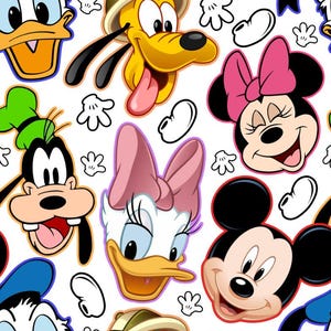 Może przedstawiać: Powtarzający się wzór na białym tle przedstawiający kolorowe twarze postaci Disneya, w tym Myszki Miki, Myszki Minnie, Kaczora Donalda, Daisy, Goofy'ego i Pluto, przeplatane małymi białymi ikonami rękawiczek z kreskówek.