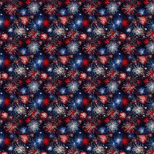 May include: A fabric pattern featuring a dense, repeating design of fireworks in shades of red, white, and blue against a dark navy blue background. The firework bursts are depicted with thin, radiating lines, creating a festive, star-like effect.