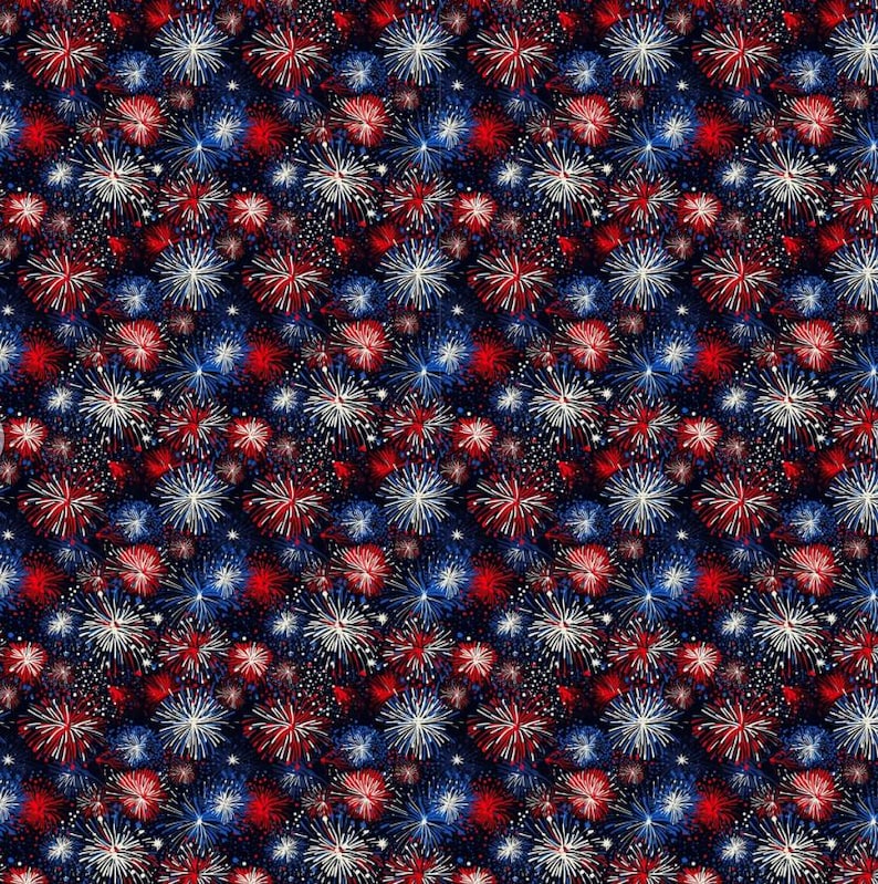 May include: A fabric pattern featuring a dense, repeating design of fireworks in shades of red, white, and blue against a dark navy blue background. The firework bursts are depicted with thin, radiating lines, creating a festive, star-like effect.
