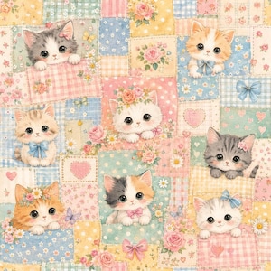 Puede incluir: Un patrón de tela con un diseño de patchwork de cuadrados en tonos pastel con ilustraciones de gatitos, rosas, margaritas, mariposas y lazos. Los gatitos tienen ojos grandes y aparecen en colores gris, naranja, blanco y tricolor.