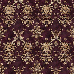 May include: A seamless wallpaper pattern featuring a deep burgundy background with a mottled, textured appearance. The design is overlaid with repeating gold damask motifs, consisting of symmetrical, ornate floral and leaf-like scrollwork.