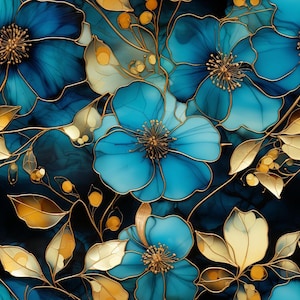 May include: A seamless pattern featuring vibrant blue flowers with delicate gold outlines and centres. The design includes golden leaves and small circular accents set against a deep, dark blue background with a fluid, ink-like texture throughout.