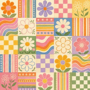 May include: A grid pattern featuring various square tiles with colourful illustrations. Designs include daisies in orange, purple, white, and pink, alongside multi-coloured vertical stripes, wavy lines, and checkerboard patterns in yellow, pink, and purple.