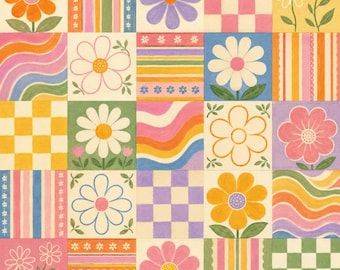 Floral Patchwork Fabric Groovy Checkerboard Fabric Rainbow Stripes - Cotton Quilting Fabric 1/2 Yard for DIY