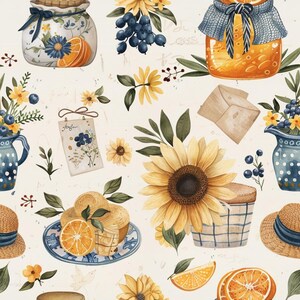 Könnte beinhalten: Ein nahtloses Muster mit Illustrationen von Gläsern gefüllt mit Orangenscheiben, blauen Beeren, Sonnenblumen, Strohhüten und kleinen Umschlägen auf cremefarbenem Grund. Das Design enthält blau-weiß gepunktete Krüge und Teller.