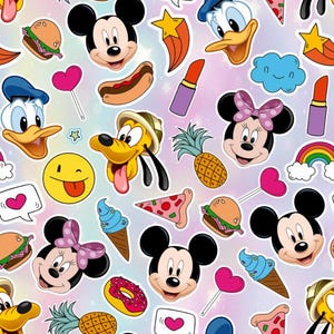 May include: A repeating pattern featuring Disney characters including Mickey Mouse, Minnie Mouse, Donald Duck, and Pluto, interspersed with colorful icons like hamburgers, pizza slices, ice cream cones, donuts, rainbows, and lipsticks on a pastel background.