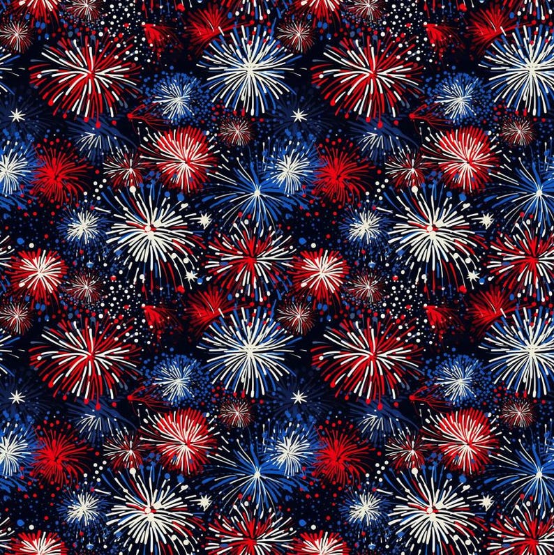 May include: A fabric pattern featuring a dense, repeating design of starburst fireworks in vibrant shades of red, white, and blue set against a dark navy background, with small white dots scattered throughout to represent distant sparks.