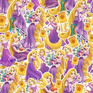 May include: A repeating pattern featuring Rapunzel with long blonde hair in a purple dress, holding a small colorful creature. The design includes floating yellow lanterns with sun symbols, creating a vibrant, multi-layered character print.