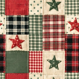May include: A patchwork quilt fabric featuring a grid of squares with red, green, black, and cream colors. The pattern includes plaid, gingham, and solid textures, accented with small fabric stars in red and green colors.