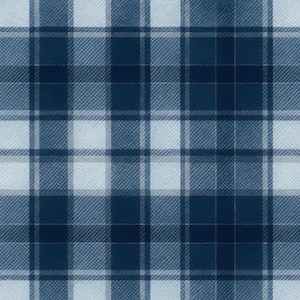 May include: A textile fabric featuring a repeating plaid pattern in shades of dark navy blue, medium blue, and light sky blue. The design consists of intersecting horizontal and vertical lines that create a grid of squares across the surface.