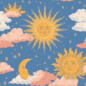 May include: A repeating pattern on a blue background featuring yellow suns with human faces, a yellow crescent moon with a face, pink clouds, and small white stars. The suns have radiating rays and rosy cheeks, while the clouds appear soft and fluffy.