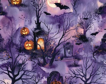 Graveyard Fabric Pumpkin Fabric Bat Fabric Halloween Fabric - Cotton Quilting Fabric 1/2 Yard for DIY