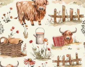 Country Cow Fabric Meadow Bloom Fabric Pasture Sprig Fabric - Cotton Quilting Fabric 1/2 Yard for DIY