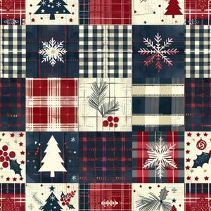 May include: A patchwork fabric pattern featuring a grid of squares with alternating designs including red and navy blue plaid, white snowflakes, evergreen trees, pine branches with red berries, and holly leaves on cream, red, and navy backgrounds.