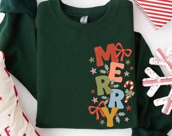 Merry Christmas Sweatshirt, Hand Drawn Christmas Sweater, Preppy Holiday Sweater, Trendy Festive Graphic Sweater, Cute Xmas Sweater
