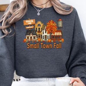 May include: A dark gray crewneck sweatshirt featuring a graphic print of a small town street scene with autumn trees, pumpkins, and a wooden sign that reads custom zip code. Below the illustration, the text reads Small Town Fall in orange.