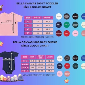 Puede incluir: Tabla de tallas y colores para camisetas para ni&ntilde;os peque&ntilde;os y bodies para beb&eacute;s Bella Canvas. La tabla incluye medidas en pulgadas para ancho, largo y peso. Las opciones de color incluyen blanco, negro, azul marino, rojo, rosa y m&aacute;s.