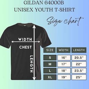Puede incluir: Camiseta negra Gildan 64000B unisex para j&oacute;venes con una tabla de tallas. La tabla muestra las medidas para las tallas S (40.6cm de ancho, 52.1cm de largo), M (43.2cm de ancho, 55.9cm de largo), L (45.7cm de ancho, 59.7cm de largo) y XL (48.3cm de ancho, 63.5cm de largo).