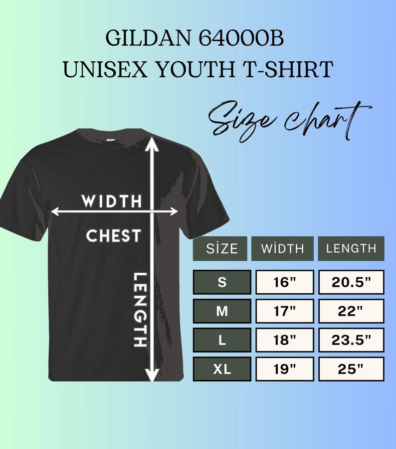 Puede incluir: Camiseta negra Gildan 64000B unisex para j&oacute;venes con una tabla de tallas. La tabla muestra las medidas para las tallas S (40.6cm de ancho, 52.1cm de largo), M (43.2cm de ancho, 55.9cm de largo), L (45.7cm de ancho, 59.7cm de largo) y XL (48.3cm de ancho, 63.5cm de largo).