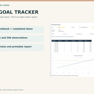 May include: An IEP Goal Tracker digital spreadsheet featuring the text Whisper Label Studio, IEP Goal Tracker, Enter an observation. Print an eight-week report, Excel workbook + completed demo, 60 goals and 500 observations, and Weekly rates and printable report.