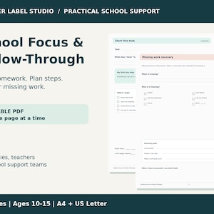 Könnte beinhalten: Ein druckbares PDF-Dokument zur schulischen Unterstützung mit dem Titel School Focus & Follow-Through. Die Seiten enthalten Abschnitte zur Aufgabenplanung, zur Nachholung versäumter Arbeiten und Checklisten für Schüler.