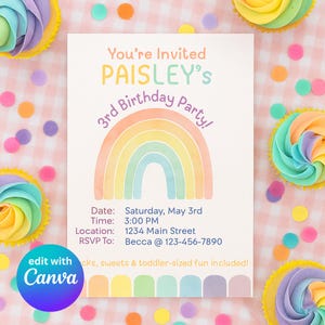 Rainbow Birthday Invitation Template | Pastel Watercolor Canva Template