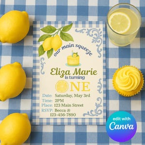Lemon Birthday Invitation: Blue Gingham Canva Template (Digital Download)