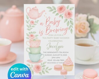 Tea Party Baby Shower Invitation: Baby is Brewing, Pastel Floral, Editable Template (Digital Download)