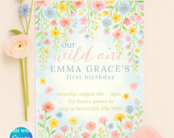 Wild One First Birthday Invitation: Floral Boho Girl Party (Editable Template)