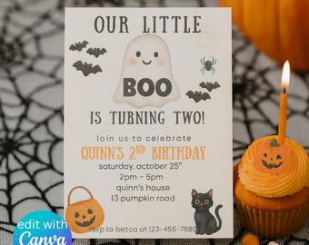 Halloween 2nd Birthday Invitation: Our Little Boo, Ghost, Cat, Jack-o'-Lantern (Editable Template