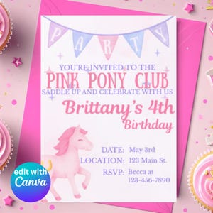 Convite de aniversário do Pink Pony Club — modelo de convite editável do Canva