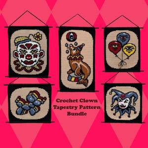 May include: A collection of five crochet tapestry patterns featuring clown-themed designs. Each tapestry is framed in black and showcases a different clown image, including a clown face, a seal, and balloons. The text "Crochet Clown Tapestry Pattern Bundle" is also visible.