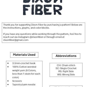 May include: A white graphic with the text "DIXON FIBER" in dark blue. Below, the image lists materials, abbreviations, and dimensions for a crochet project. The finished piece is roughly 29 cm x 30.5 cm.
