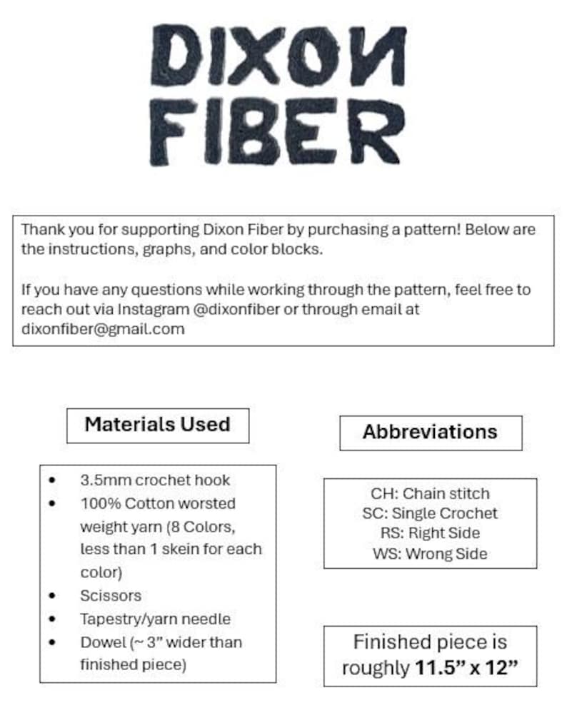 May include: A white graphic with the text "DIXON FIBER" in dark blue. Below, the image lists materials, abbreviations, and dimensions for a crochet project. The finished piece is roughly 29 cm x 30.5 cm.