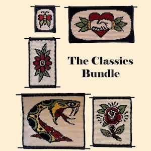 May include: A collection of handmade crochet wall hangings featuring classic tattoo-inspired designs. The set includes a butterfly, a heart with clasped hands, a red rose, a snake, and a floral design. The text "The Classics Bundle" is also visible.
