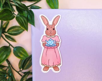 Konijn sticker vinyl | Matte finish - Sticker voor laptop, waterfles, notitieboek - Schattig cottage core pasen konijn met thee