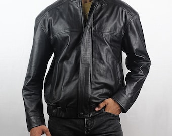 Übergroße schwarze Lederjacke für Männer | 100% echtes Schaffell