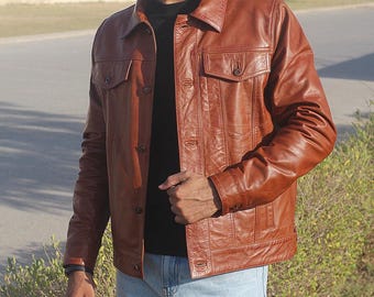 Chaqueta estilo camionero de piel de cordero hecha a mano para hombre - Marrón coñac