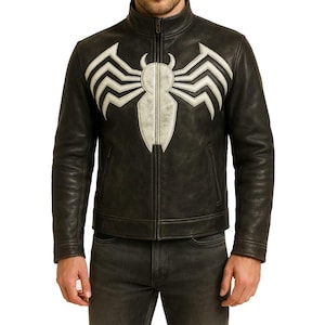 Handmade Men’s Venom Symbiote Black Leather Jacket With Spider Design