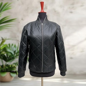 Women&#39;s Bomber Leather Jacket Quilted Style | Lambskin Leather Jacket for Women | Casual Black Real Leather Bomber Jacket