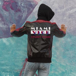 Blouson aviateur en cuir Miami Vice Stunt Team | de motard à capuche amovible pour hommes | Veste en cuir de mouton véritable pour homme