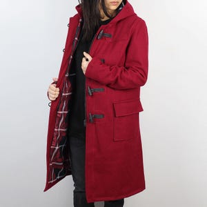 Womens Duffle Coat - Classic Fit Hooded Wool Red Coat With Horn Toggles