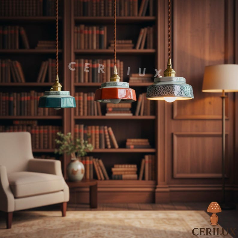 Lámpara colgante de cerámica retro – Lámpara de araña de color jade rojo y azul, lámpara colgante vintage para cocina, comedor y sala de estar.