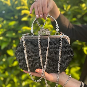 Black Vintage Style Evening Bag – Crochet Bridal Clutch Bag with Chain, Elegant Wedding Purse, Formal Handmade Bag Gift for Bridesmaids,