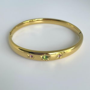 18k Gold Plated Stainless Steel Bangle Bracelet with Pink and Green Gemstones Dainty Celestial Jewelry Vintage-Inspired Gold Cuff Elegant