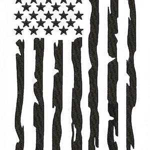 May include: Black and white distressed American flag design. The flag features 50 stars in the upper left corner and vertical stripes that appear to be torn or tattered. The design is suitable for patriotic themes.