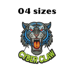 May include: Embroidered patch showing a tiger's head with red eyes, blue detailing, and an open mouth. The text "CYBER CLAW" is below the tiger in green and yellow. The text "04 sizes" is above the tiger.