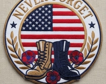 Parche bordado con la bandera de EE. UU. y botas militares "Nunca lo olvides" (descarga digital)