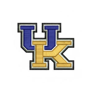 Könnte beinhalten: Gestickter Aufnäher mit den Buchstaben "UK" in Blau und Gold. Das Design hat einen schwarzen Rand und ein strukturiertes Aussehen, geeignet für die Anwendung auf Kleidung oder Accessoires. Der Aufnäher ist wahrscheinlich für Fans der University of Kentucky.